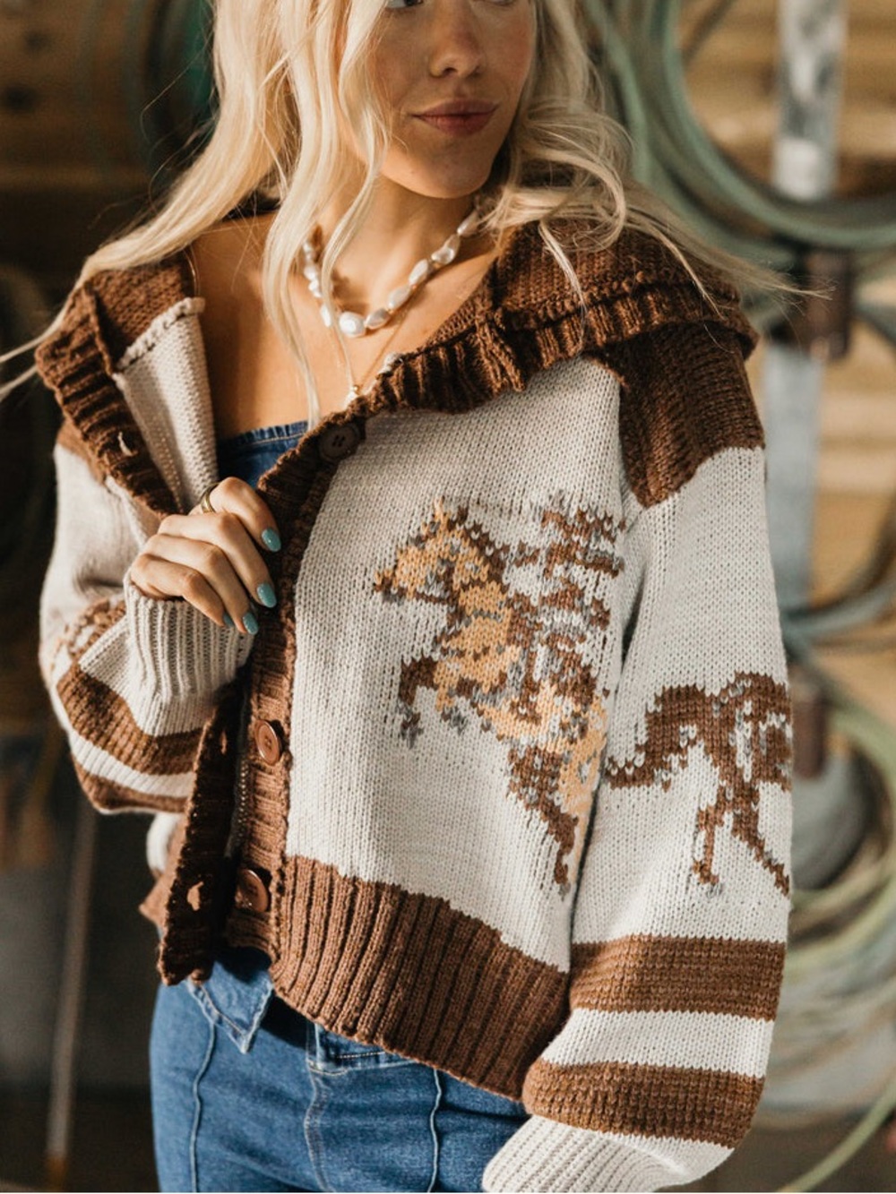 Veveret Heavy Knit Western Horse Print Brown Button Up Sweater Cardigan Medium - Picture 1 of 10